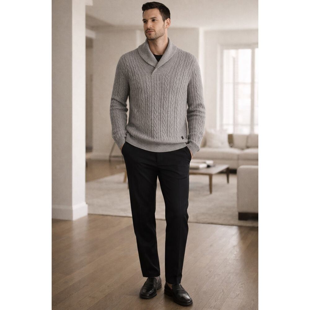 Hugo Boss Slim Fit Gray Cable Knit Sweater Wool Silk Angora Blend Size L Mens
